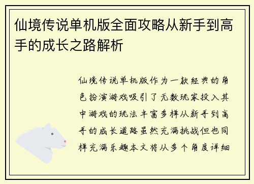 仙境传说单机版全面攻略从新手到高手的成长之路解析