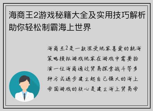海商王2游戏秘籍大全及实用技巧解析助你轻松制霸海上世界